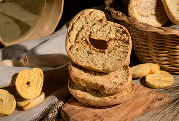 Tipical summer dish of Puglia - friselle. Classical apulian dried bread called freselle. Healthy vegetarian food, close up, selective focus