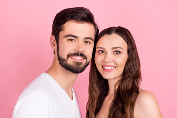 Photo of positive couple lean together touch cheeks white smile wear casual outfit isolated pink color background