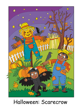 Halloween illustration children in costumes of scarecrow and crow
