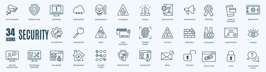 Protection and Digatal Security Vector Line Icons Set. Contains such Icons as Finger Print, Business Data Protection Technology, Cyber Security, Computer Network Protection. Editable Strok - obrazy, fototapety, plakaty