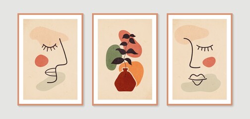 Fototapeta na wymiar Line woman portrait and botanical wall art vector set. Collection of contemporary art posters. Minimal and natural wall art. Abstract Plant Art design for print, wallpaper, cover.