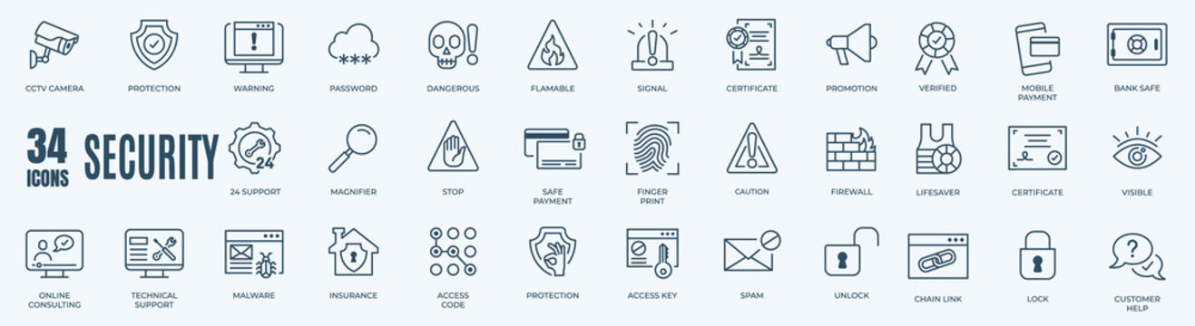 Protection and Digatal Security Vector Line Icons Set. Contains such Icons as Finger Print, Business Data Protection Technology, Cyber Security, Computer Network Protection. Editable Strok