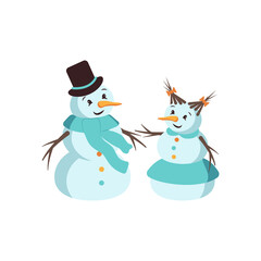 Happy snowman and snow woman with face, hat, carrot and scarf. Merry holiday decorations for New Year and Christmas. Winter and festive element