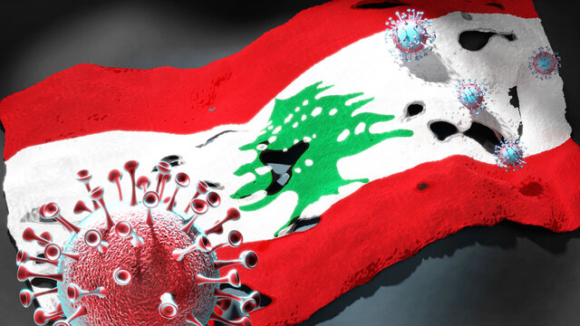 Covid in Lebanon - coronavirus attacking a national flag of Lebanon as a symbol of a fight and struggle with the virus pandemic in this country, 3d illustration