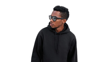 Portrait of stylish young african man posing looking away wearing a black hoodie, sunglasses isolated on white background
