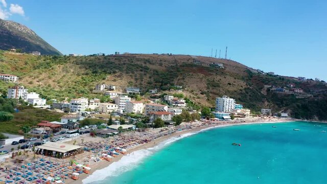 Birdseye view of Himara Beach and Adriatic Sea. Beautiful water Albania Riviera