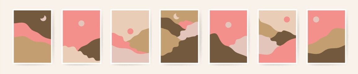 Vector boho aesthetic abstract botanical wall art posters. Scandinavian design, neutral natural colors bohemian collage wall prints. Midcentury Modern design. Mountain sun moon posters
