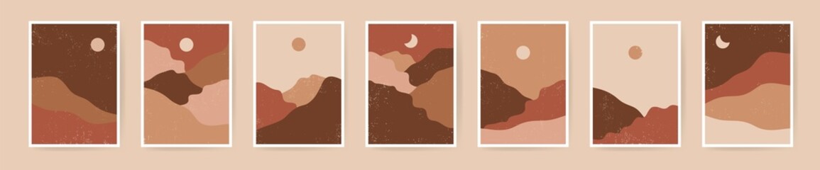 Vector boho aesthetic abstract botanical wall art posters. Scandinavian design, neutral natural colors bohemian collage wall prints. Midcentury Modern design. Mountain sun moon posters © babayuka