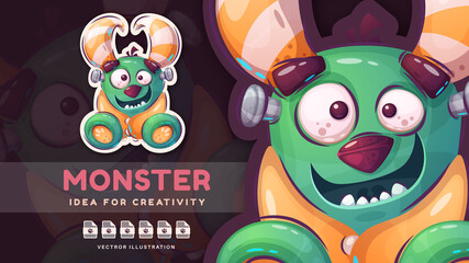 Cartoon character funny monster - cute sticker.