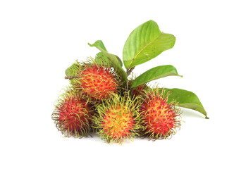 Tropical fruit - Fresh rambutan with leaves isolated on white background