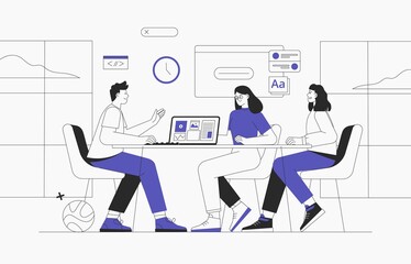 Coworking space with business people sitting at the table. They analyze charts and reports. Vector outline illustration for co-working, teamwork, workspace concept. Team working on project.