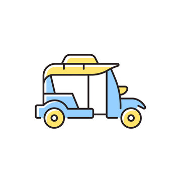 Bangkok tuk-tuk RGB color icon. Three-wheeled vehicle. Motorized rickshaw. Urban transport in Thailand cities. Yellow-and-blue motorcycle. Isolated vector illustration. Simple filled line drawing