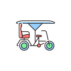 Bicitaxi RGB color icon. Tourists transportation. Bicycle taxi. Commercial vehicle with three wheels. Taxi bike. Cycle rickshaw. Isolated vector illustration. Simple filled line drawing