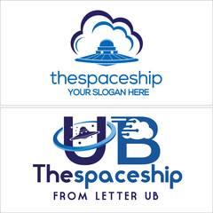 Blue symbol logo with spacecraft cloud line tech vector design