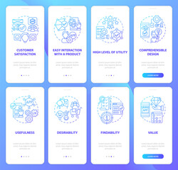 Fototapeta na wymiar Developing product onboarding mobile app page screens set. Fundamental principles walkthrough 4 steps graphic instructions with concepts. UI, UX, GUI vector template with linear color illustrations
