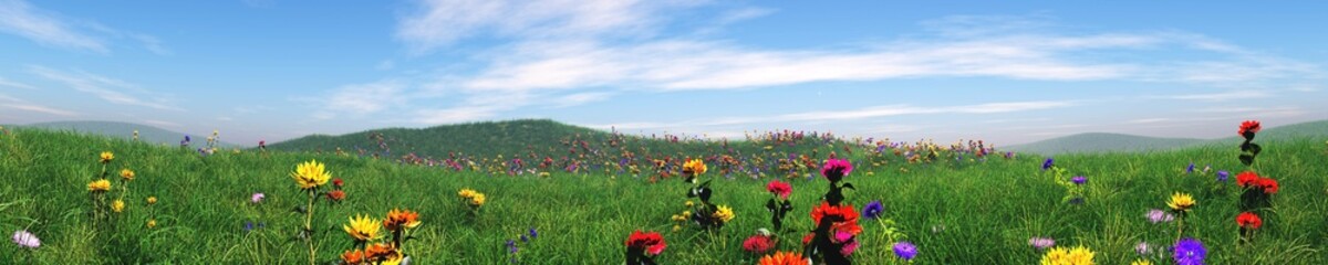 Green meadows under a blue sky, hills of grass and flowers, a panorama of a meadow, 3D rendering