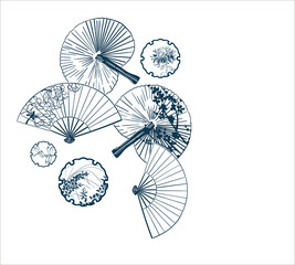 japanese traditional vector illustration set funs and flowers peony lily sakura