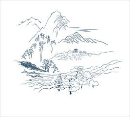 mountains nature landscape view vector sketch illustration japanese chinese oriental line art