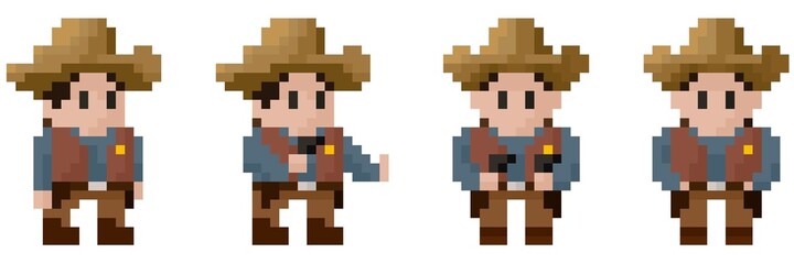 Pixel art illustration of a sheriff with a cowboy hat and two guns in four different poses. Pixel art character.