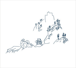 mountains nature landscape view vector sketch illustration japanese chinese oriental line art