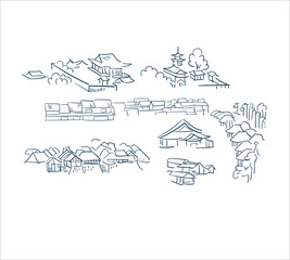 Naklejka premium village buildings nature landscape view vector sketch illustration japanese chinese oriental line art