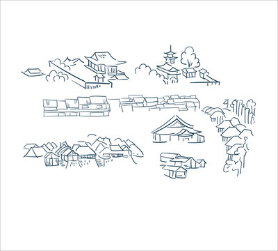 village buildings nature landscape view vector sketch illustration japanese chinese oriental line art