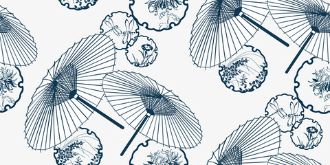 umbrella flower japanese chinese design sketch ink paint style card seamless pattern