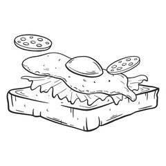 Outline Drawing, a Sandwich Isolated on White Background, Hand Drawn Illustration.