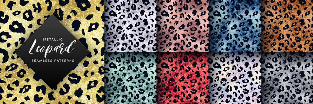 Vector trendy golden metallic leopard skin seamless pattern set. Abstract wild animal cheetah black spots on shiny gold, silver, rose gold, blue, red, green metal foil texture backgrounds collection