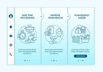Reasons for meal planning blue gradient onboarding vector template. Responsive mobile website with icons. Web page walkthrough 3 step screens. Color concept with linear illustrations