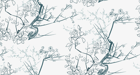 Obraz premium flower japanese chinese design sketch ink paint style card seamless pattern