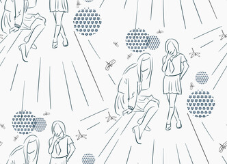 school girl japanese chinese design sketch ink paint style card seamless pattern