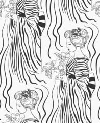 komono woman girl japanese chinese design sketch ink paint style card seamless pattern
