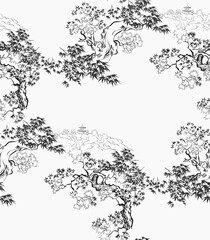 mountain landscape asian chinese japanese engraved vector seamless pattern - 452694773