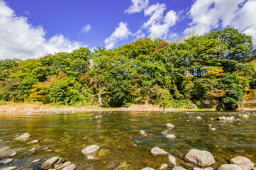 静かに流れる栃木県那珂川の風景、快晴の那珂川、アユ釣りの名所