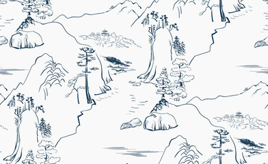 mountain landscape asian chinese japanese engraved vector seamless pattern - 452694947