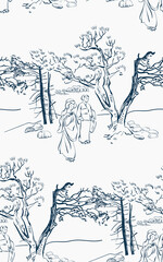 Obraz premium komono woman girl japanese chinese design sketch ink paint style card seamless pattern