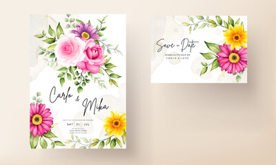 Beautiful hand drawing watercolor flower wedding invitation card
