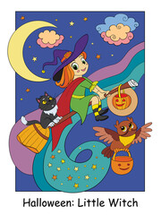 Halloween illustration cute witch flying on a broomstick