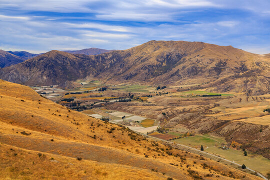 The Gibbston Valley in the Otago region, New Zealand, home to many vineyards. Photographed in autumn from the Crown Range