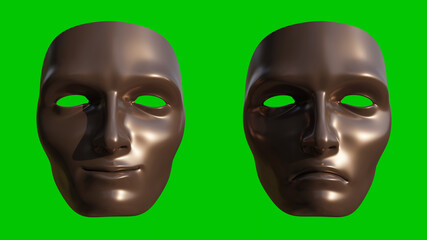 Happy and sad mask in green screen. Facial expressions. 3D rendering illustration. 