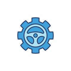 Steering Wheel inside Cogwheel blue icon - vector sign