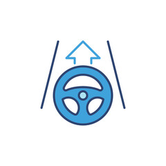 Steering Wheel with Arrow on the Road blue vector icon