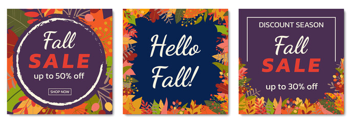 Fall sale square background set with leaves. Autumn discount, Hello Fall social media banner templates with foliage frame. Promotion poster, discount card or flyer design. Vector illustration. 