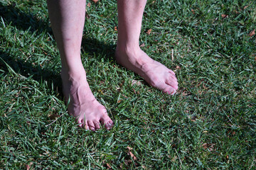 Detail of mature adult man's bare feet on a park lawn to alleviate his blood circulation problems.