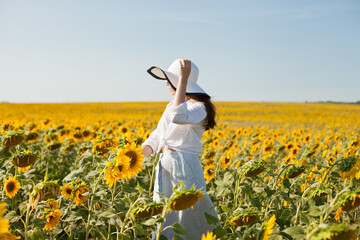 Fototapeta premium woman in a field of sunflowers