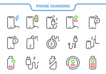 Vector icon set. Phone charging collection: сharger, plus, minus, port, wireless, power bank, full, empty, notification, electricity