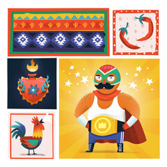 Vector illustration card with Mexican people and elements. Luchador famous Mexican wrestler character in traditional outfit. 