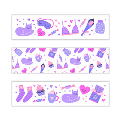 Fototapeta na wymiar Banners with doodles for Hygge Valentine s day.