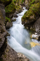 A stream of water is flowing into an alpine gorge surrounded by green vegetation